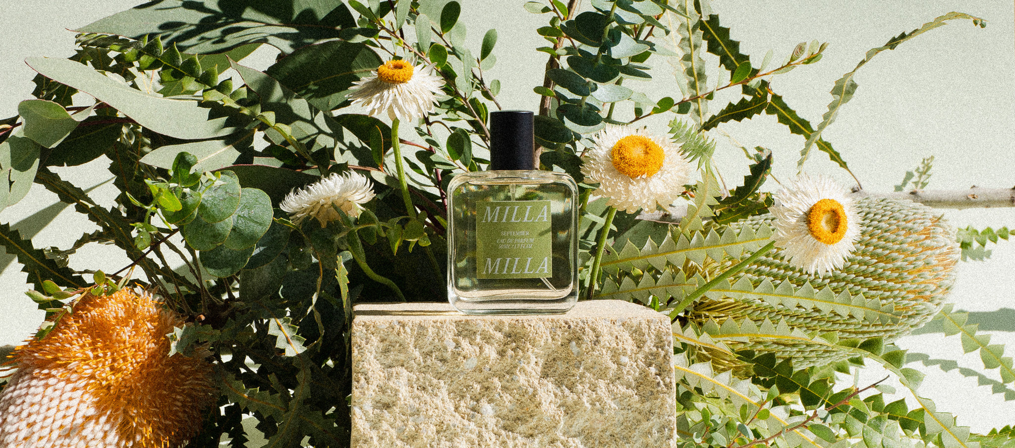Milla Milla perfume bottle with native Australian flowers behind